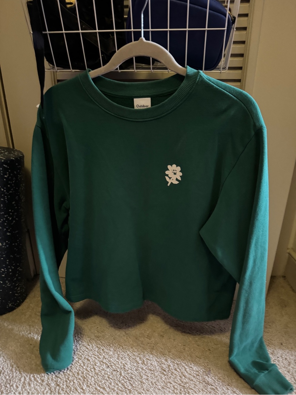 Outdoor Voices Green Crewneck Sweatshirt with Small White Flower Logo